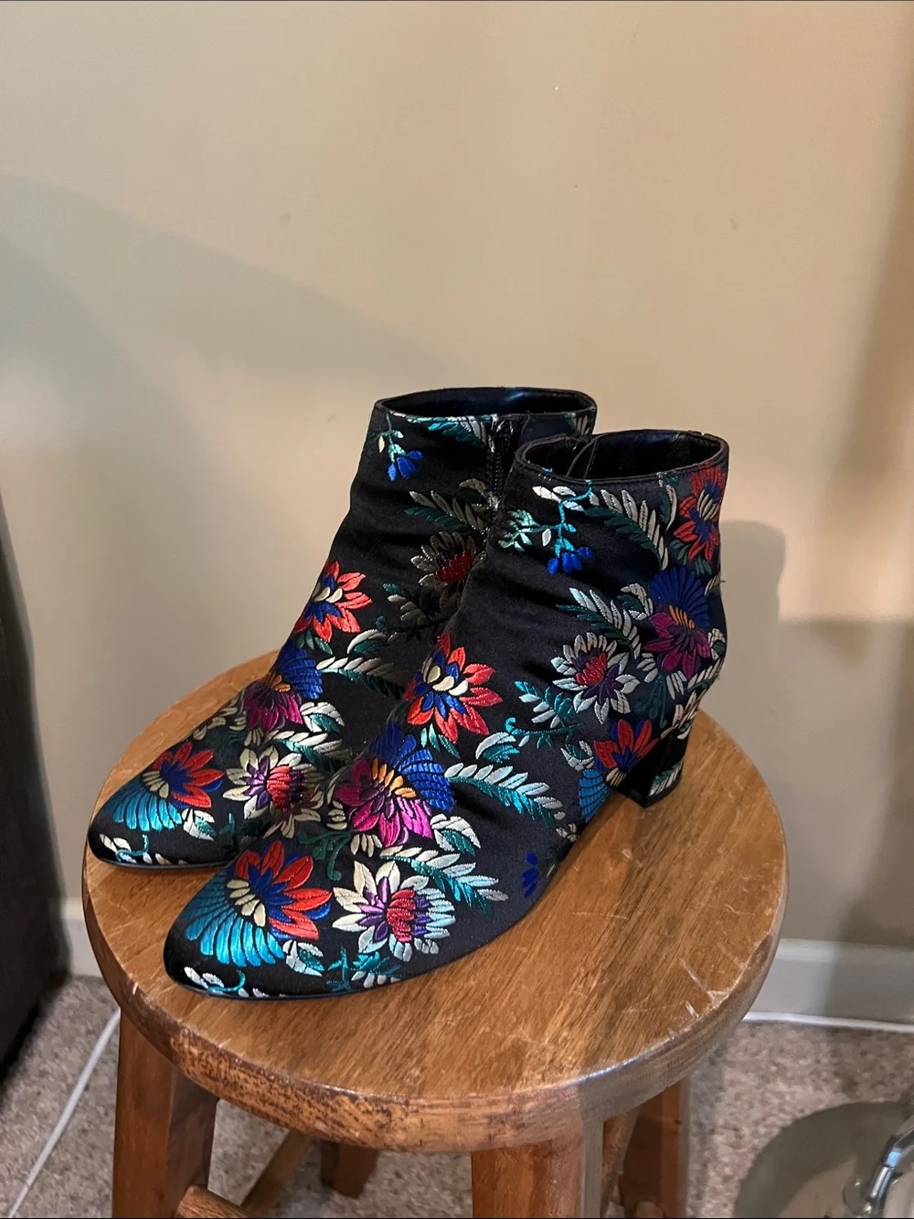 Vaneli Black Floral Embroidered Ankle Boots - Women's Ankle Boots Booties